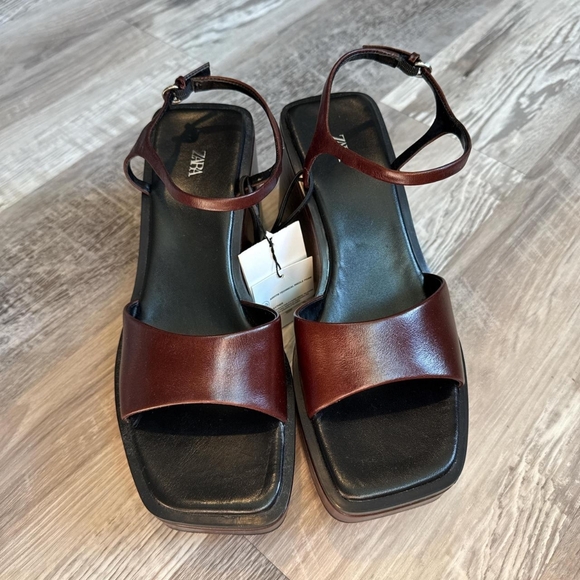 Zara Burgundy and Brown Leather Platform Wedge Sandals - Picture 4 of 8
